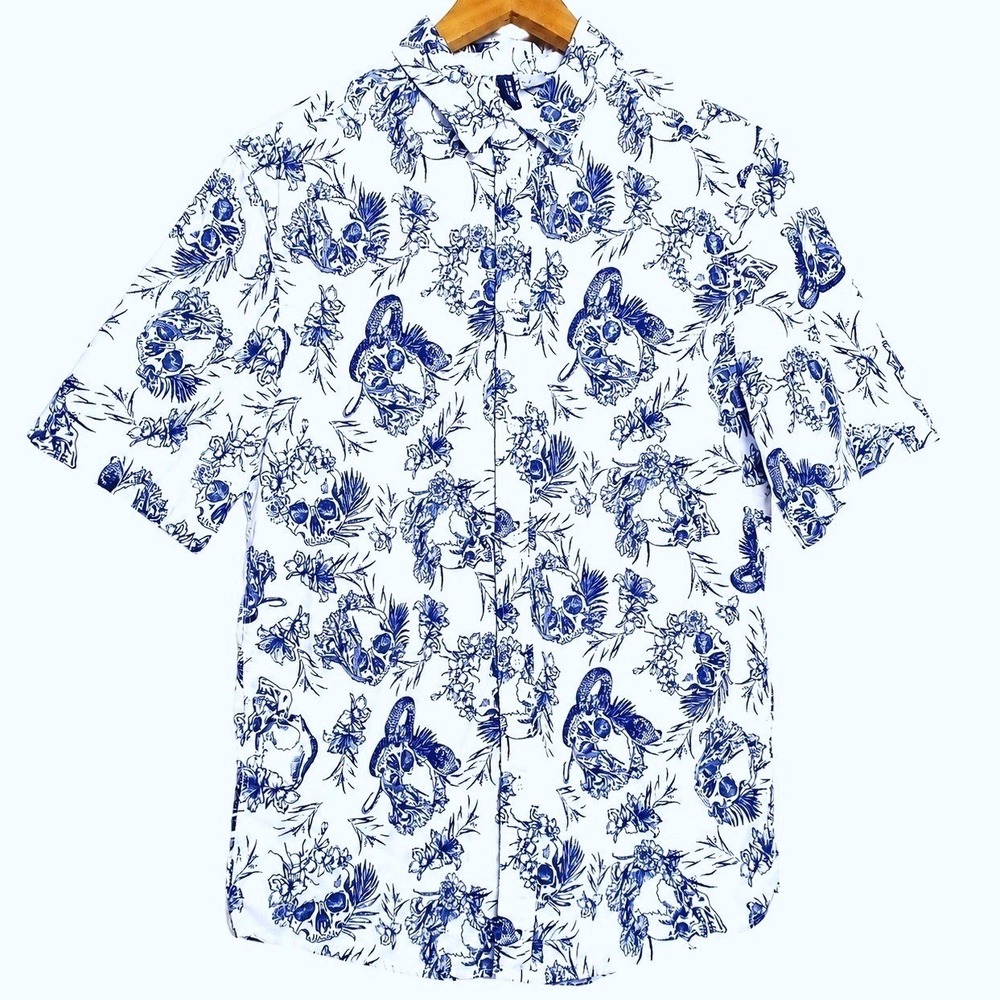 H&M Divided Men's S Skull Snake Floral Shirt Goth Hawaiian 100% Cotton